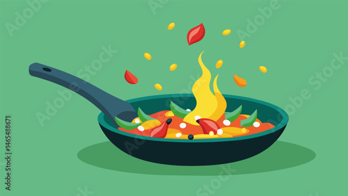 A hot skillet sizzles as diced bell peppers and corn kernels are saut ed adding a smoky flavor to the salad.. Vector illustration
