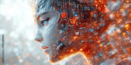 Futuristic humanoid robotic face profile with intricate circuitry, illuminated by orange light, and a bright, blurred background