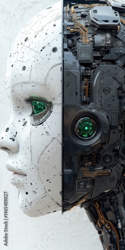 Detailed Robotic Face with Bionic Components and Glowing Green Eye, Split View showing Synthetic Skin and Metallic Interior