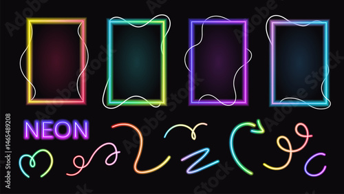 Set of glowing neon frames and icons. Bright neon rectangles for futuristic design. Vector outlines with neon glow effect