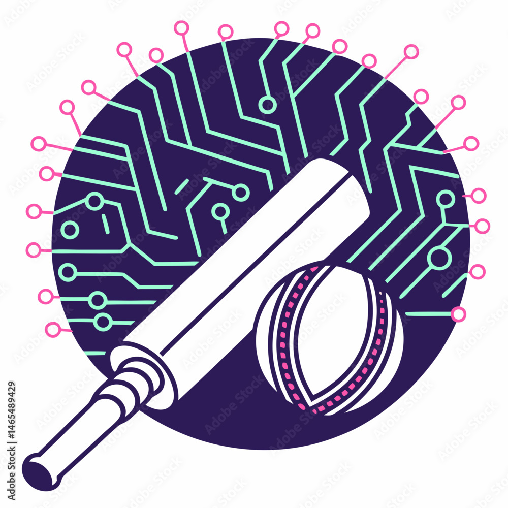 Fototapeta premium Futuristic cricket icon with cyberpunk style glowing circuit design