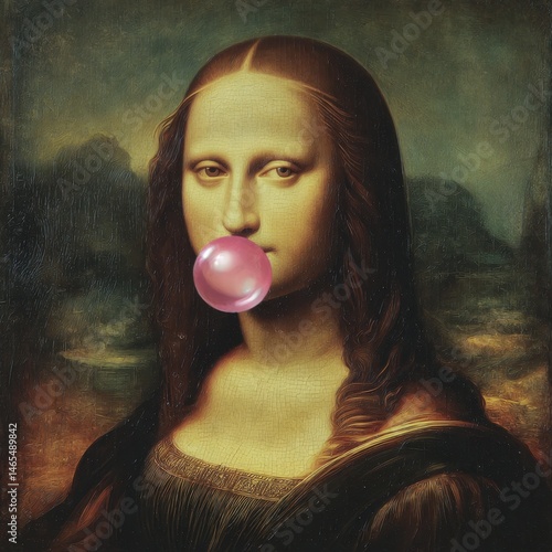 Mona lisa blowing bubble gum in famous painting parody