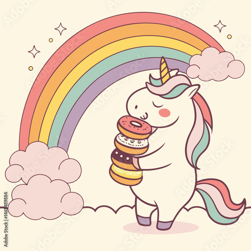 Chubby unicorn eating donuts under rainbow with glitter clouds