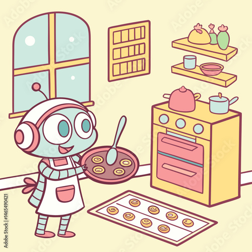Cute robot baking cookies in a cheerful cartoon kitchen