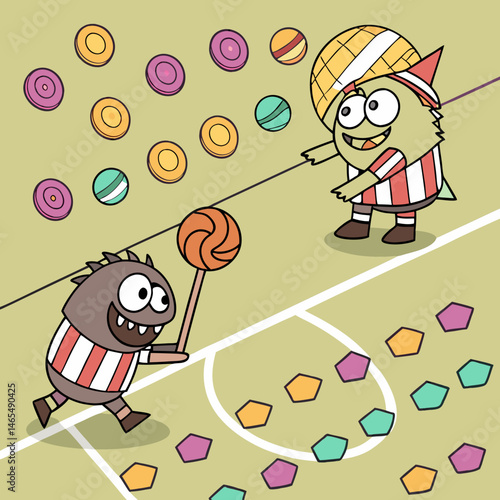 Funny monsters playing soccer on a candy land field
