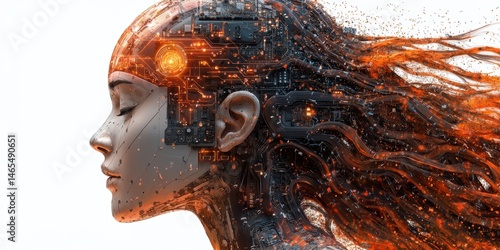 Android Woman Head with Electronic Circuitry and Glowing Orange Energy Forming Flowing Hair Against a White Background