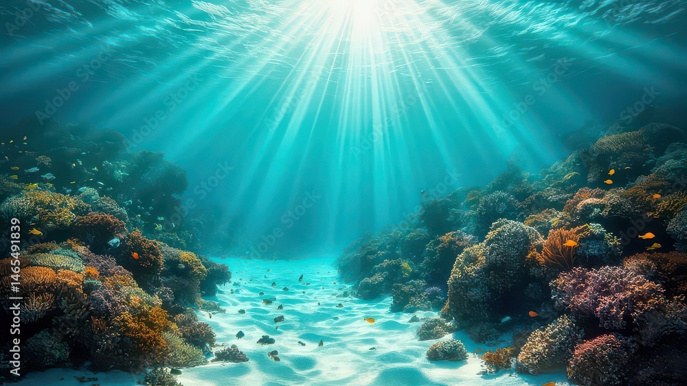 Fototapeta premium Underwater world with beautiful corals, reefs, azure water in the sun. Relax background.