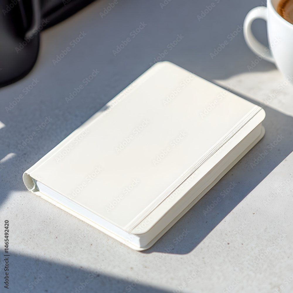Fototapeta premium Blank White Notebook Mockup on Table Sunlit
