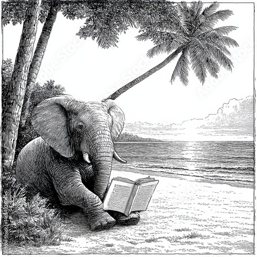 An Elephant's Quiet Beach Read: A Serene Moment of Literary Escapism Under a Palm Tree