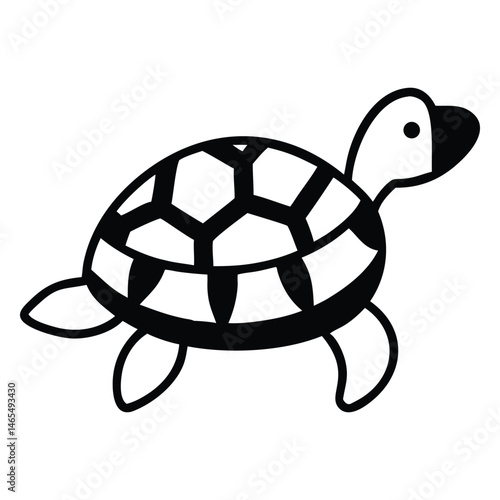 Simple monochrome turtle is swimming, showcasing its detailed shell and flippers in clear lines