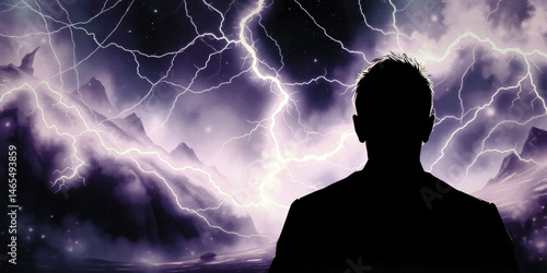 Silhouette of a man calmly watching a stormy landscape accompanied by powerful lightning.