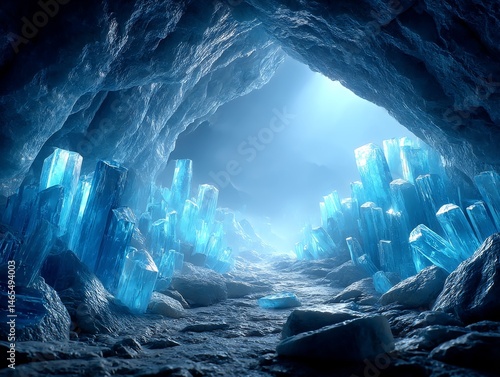 Mystical Ice Cave: A Frozen Landscape of Crystal Formations Bathed in Ethereal Light, Leading to an Unseen Beyond.