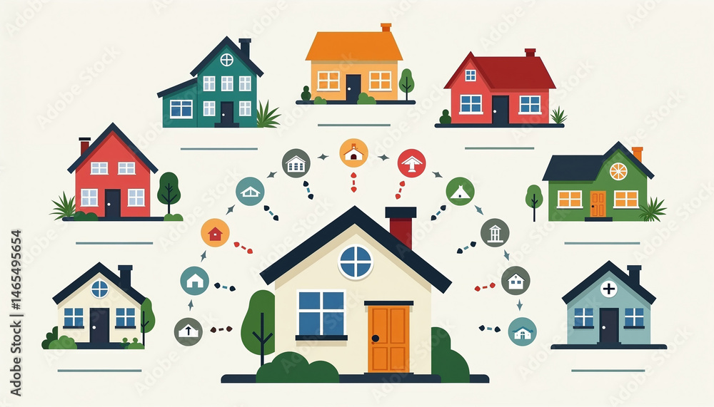 Illustrated Concept of Home Ownership with Diverse House Designs and Connectivity Icons for Real Estate Blogs, Housing Websites, Social Media, and Community Awareness Illustrated Concept of Home Ownership with Diverse House Designs and Connectivity Icons for Real Estate Blogs, Housing Websites, Social Media, and Community Awareness
