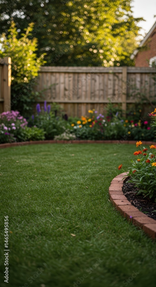 Obraz premium backyard garden with green grass and beautiful flowers blooming along a curved brick border. Lush lawn and floral landscaping for home and garden concept.