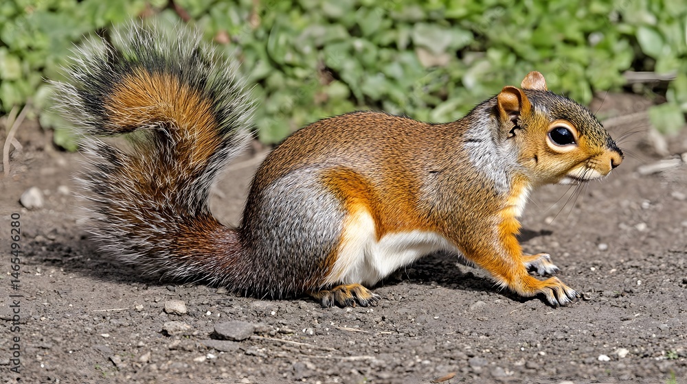 Fototapeta premium Adorable Fluffy Squirrel Ground Closeup Photo