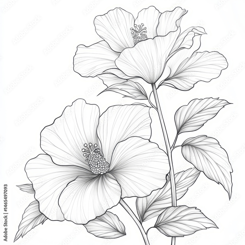 Line art drawing of hibiscus flowers with leaves. Line art drawing of hibiscus flowers with leaves.