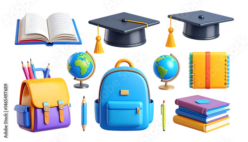 3d School and education icons 3d render vector set. School bag, globe, open book, brush, pencil, pen, graduation hat, glasses,back to school, book, brush, classroom, college, creativity, education,