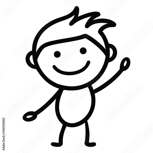 Smiling stick figure boy cheerfully waves his hand while standing on a transparent background