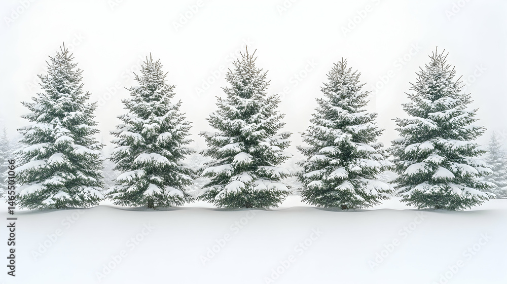 Fototapeta premium Four snow-covered evergreen trees in a row (1)