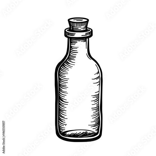 Engraved glass bottle icon in apothecary style – concept of natural remedy cosmetic product and essential oils
