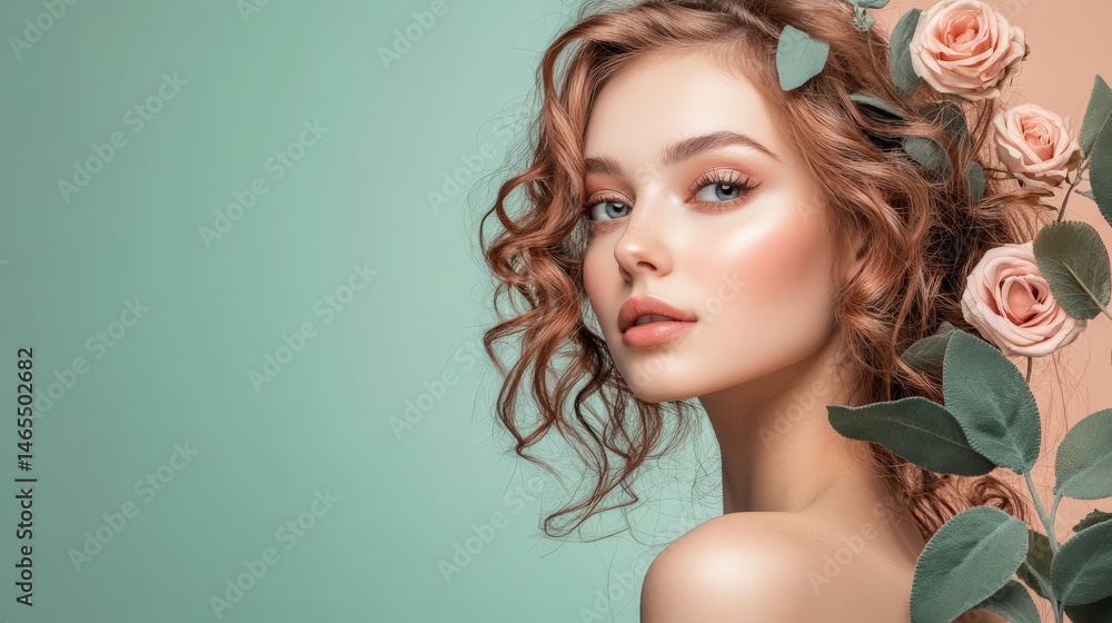 Fototapeta premium Elegant portrait of woman with roses in hair against pastel background