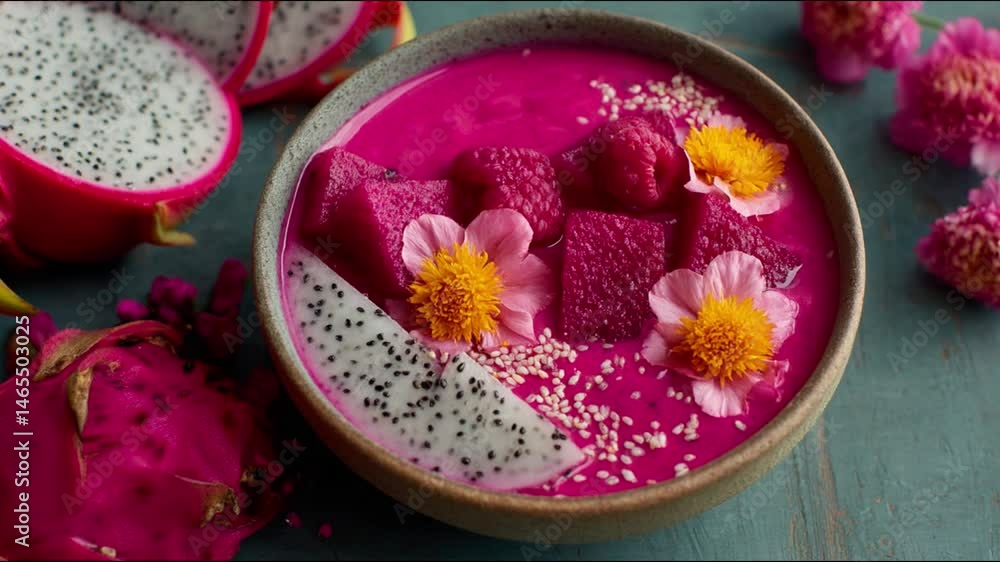 Dragon fruit smoothie bowl in a visually appealing display Dragon fruit smoothie bowl in a visually appealing display