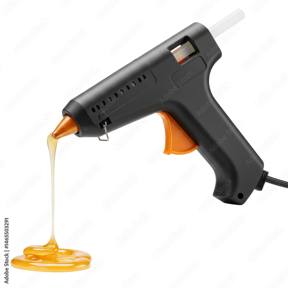 A black hot glue gun dispensing fresh, melted adhesive for crafting projects against a transparent backdrop. A black hot glue gun dispensing fresh, melted adhesive for crafting projects against a transparent backdrop.