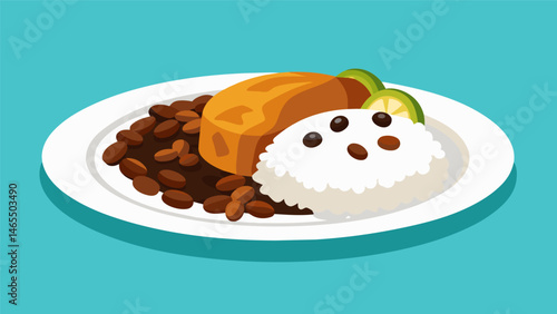 A true taste of Dominican cuisine with a bed of fluffy white rice topped with stewed black beans and a side of marinated and grilled chicken bursting with flavor.. Vector illustration