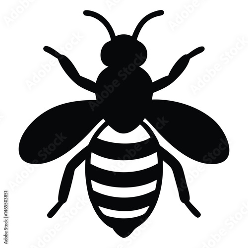 Stylized bee silhouette reveals bold stripes across its abdomen in simple black graphic
