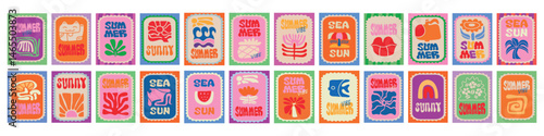 Summer vibe. Big set of postage stamps. Vector summer minimal art illustration of postage stamp with beach, flowers, wave, sea, sun, fruits for poster, card, background, invitation, print, icon or fly