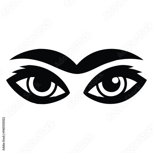 Stylized eyes gaze intensely, showcasing a stark monochrome aesthetic with clear lines