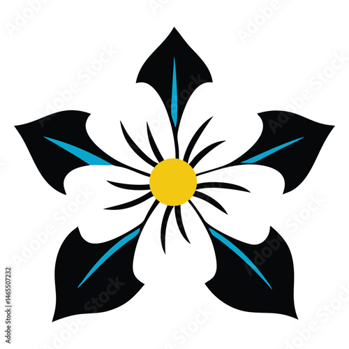 Symmetrical stylized flower shows central yellow disk and five black, sharply pointed petals