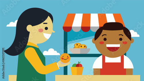 A shy smile cracks across the vendors face as a customer takes a first bite and quickly goes in for a second.. Vector illustration