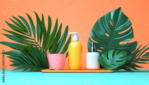 Tropical themed arrangement of cosmetic products.