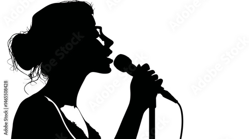 Female singer with microphone silhouette vector isolated on white background  -  