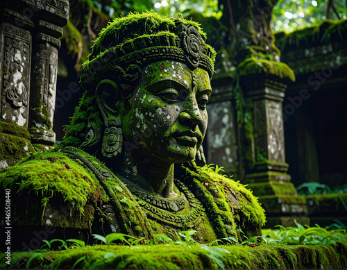 A weathered and broken statue of a warrior, overgrown with moss, signifying the fading glory of war and the enduring power of nature and peace.