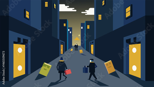 A dark alleyway where individuals exchange USB drives filled with valuable data instead of cash.. Vector illustration