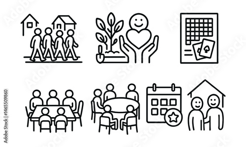 Series of icons that include a book, a dog, a person, a dog, a person, a dog