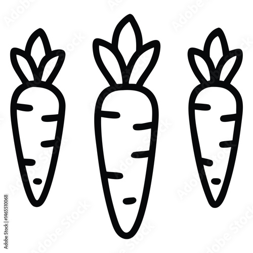 Three outlined carrots stand vertically, each with three leaves at the top side