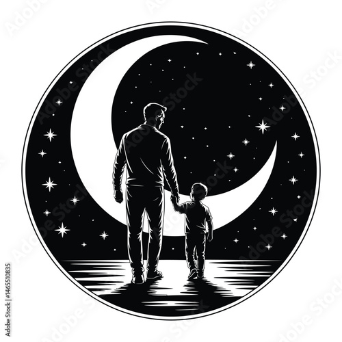 Father and Son Silhouette Under Moon and Stars – Isolated Night Scene with Transparent Background