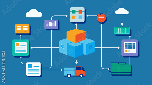 A comprehensive supply chain flow chart filled with live data points to illustrate the complexity and efficiency of the logistics process.. Vector illustration