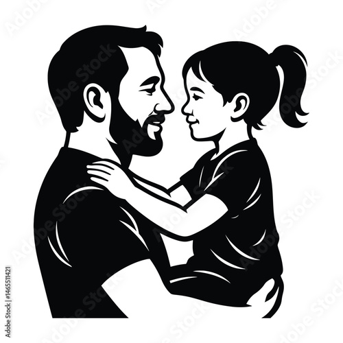 Father Holding Daughter Smiling – Black and White Silhouette Isolated on Transparent Background