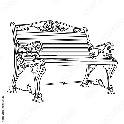 Vector illustration of a garden bench with antique metal forging, scrolls, and decorative elements. Black on white sketch of wrought iron garden bench.