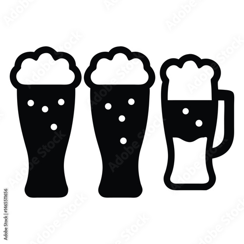 Three types of black beer mug icons are showcased with foamy tops