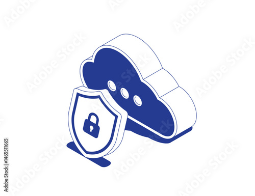 Cloud technology security concept with shield and lock icon symbolizing data protection in isometric line contour vector illustration.
