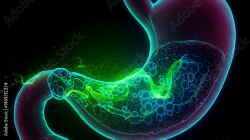 Glowing depiction alkaline reaction occurring in stomach, highlighted with vibrant green neon colors, microscopic process
Concepts stomach, alkaline reaction, scientific illustration, digestive system