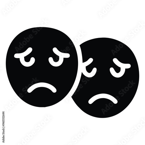 Two black round emoticons with curved mouths and teary eyes express sorrow