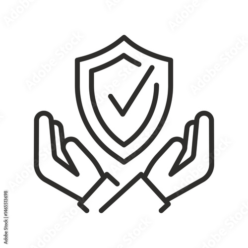 secured icon, hands holding shield, verified reliability, thin line vector illustration