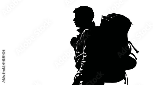 Hiker with backpack silhouette vector isolated on white background  -  