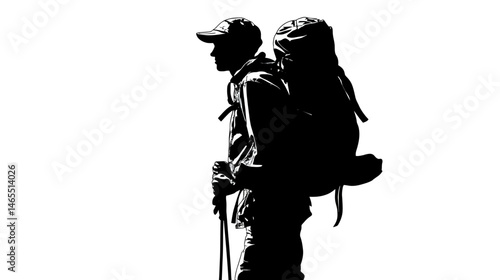Hiker with backpack silhouette vector isolated on white background  -  
